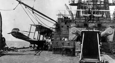 Handling a Curtiss Seaplane under Cramped Conditions on USS Mississippi